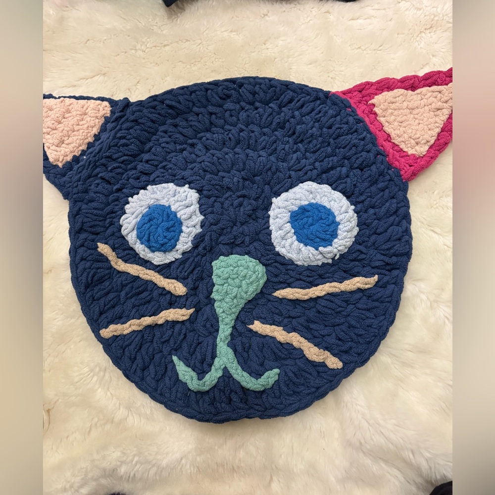 Handmade Chunky Knit Cat Rug - Navy, Pink, Mint